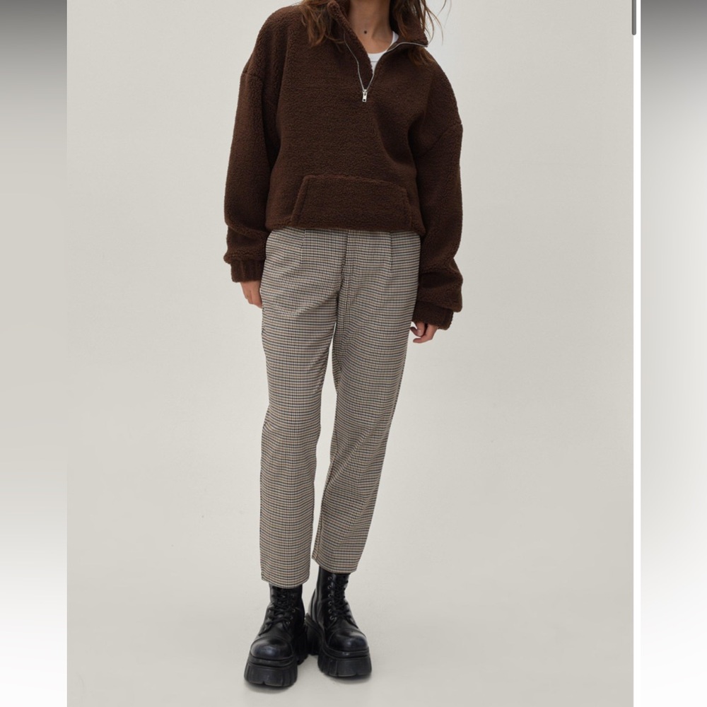 Women’s Nasty Gal Petite Check Plaid Tailored Tapered Trousers Size 10 Brown